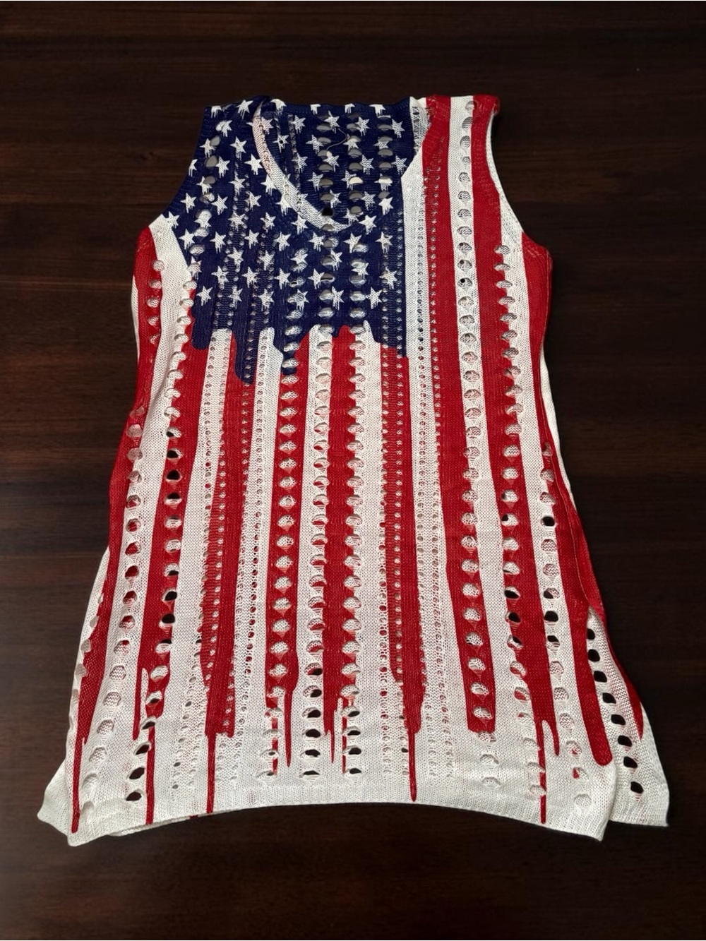 Distressed American Flag Sleeveless crochet beach cover- up dress Red White Blue